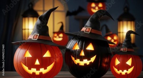 Festive halloween pumpkins wearing witch hats glowing in a spooky night setting