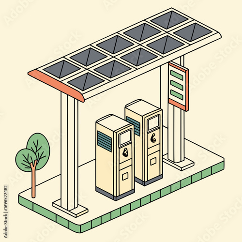 Isometric illustration of a modern solar powered electric vehicle charging station with two charging units and a tree