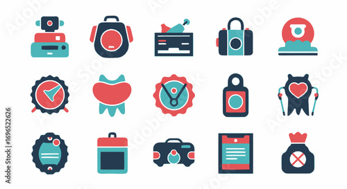Collection of flat design icons in teal and red, depicting various objects like bags, badges, and containers on a white background.