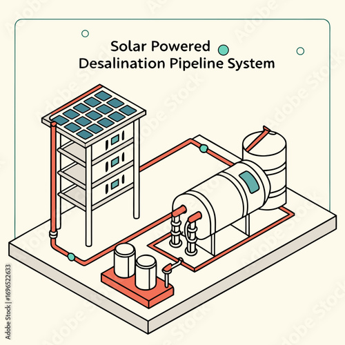 Isometric illustration of a solar powered desalination pipeline system with solar panels and water tanks