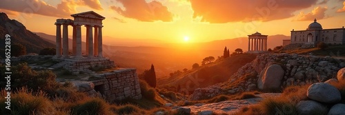 Serene view of Roman ruins at sunset, bathed in golden light; a peaceful meditation scene  Perfect for mindfulness, travel, history, and spiritual themes ,  zen,  architecture,  empire