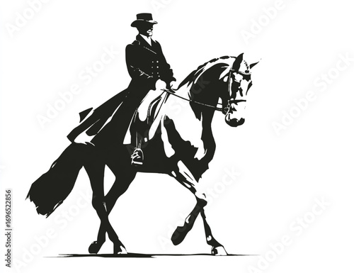 Equestrian dressage performer with horse in black and white vector art representing skill and elegance