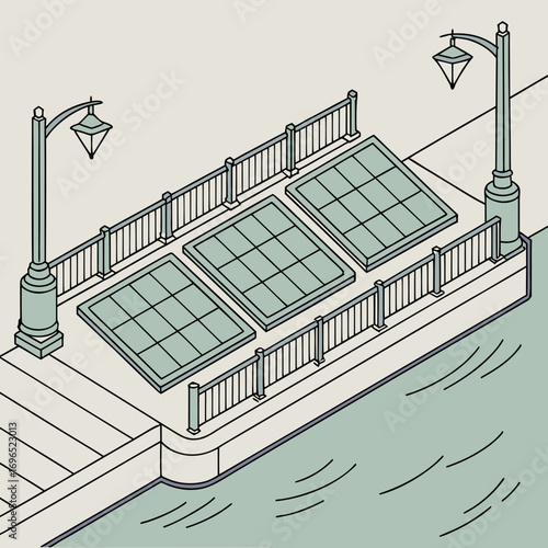 Isometric view of a waterfront promenade with three skylights and two vintage street lamps overlooking the water