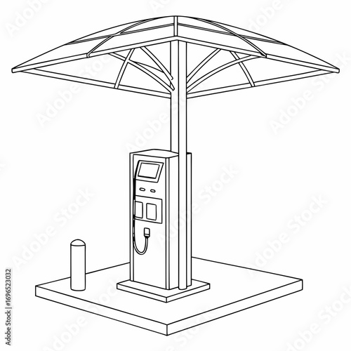 Line art drawing of a modern electric vehicle charging station with a solar panel canopy and charging cable