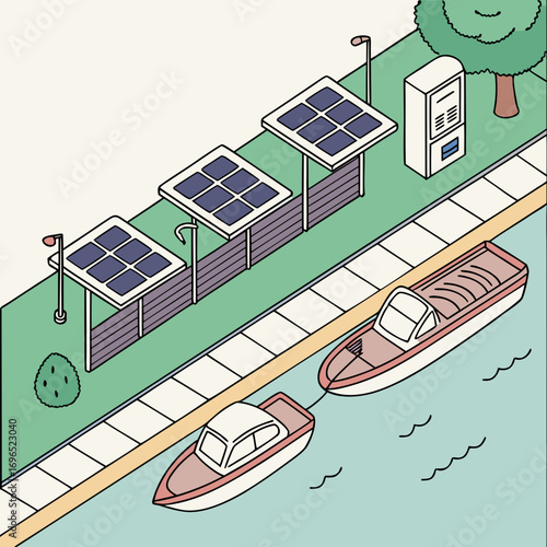 Isometric view of a waterfront scene featuring solar panels powering a charging station for electric boats
