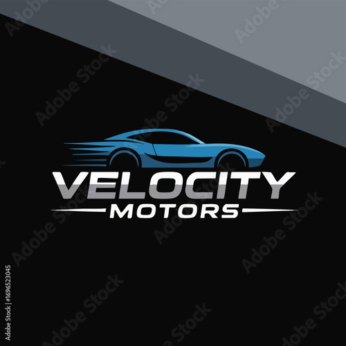  Sleek Modern Car Logo with Blue Silhouette in Motion Blur and Silver Chrome 'Velocity Motors' Text on a Black Background, Symbolizing Speed, Automotive Performance, and Luxury Vehicle Branding