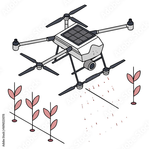 Modern agricultural drone equipped with solar panels spraying crops with precision for efficient farming and crop management