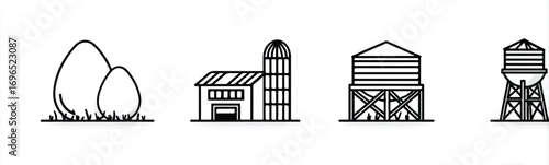 Farm agriculture and rural landscape outline icons depicting agricultural building silos water towers and eggs