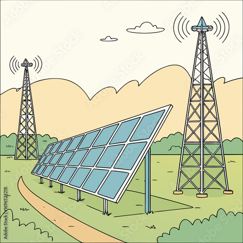 Modern communication towers and a solar panel array powered by clean renewable energy in a rural landscape