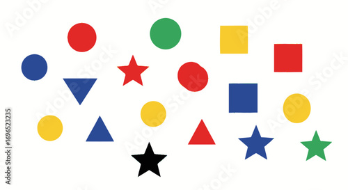 An arrangement of geometric shapes including circles, squares, triangles, and stars in various colors like red, blue, green, and yellow.