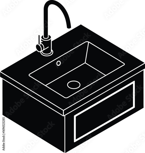 Black and white kitchen sink with faucet isometric illustration