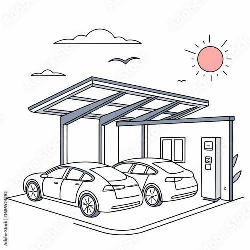 Modern electric car charging station with two vehicles parked under a solar panel canopy on a sunny day