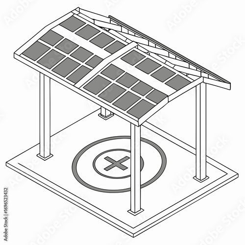 Modern helipad structure with a curved roof covered in solar panels and a landing circle with an x marking