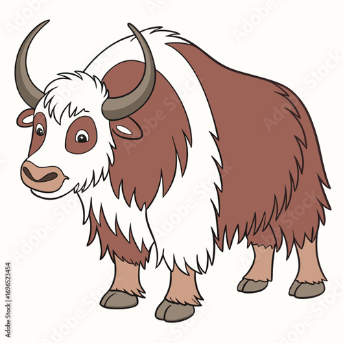 Cartoon illustration of a brown and white yak
