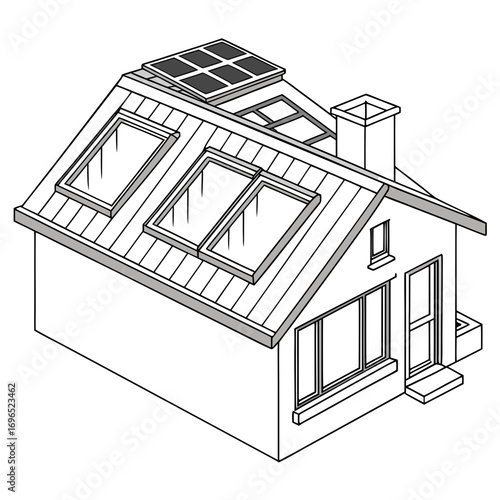 Modern house with metal roof solar panels skylights and chimney in isometric view line art