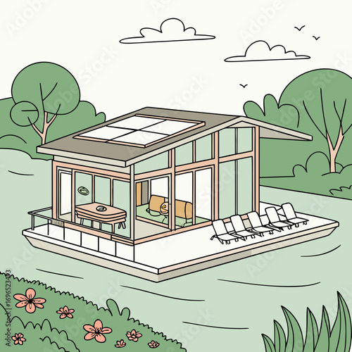 Modern houseboat with solar panels and lounge chairs on a calm river surrounded by lush greenery and flowers