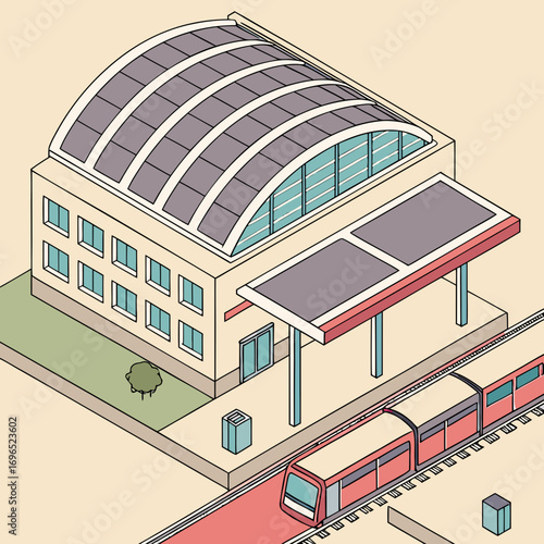 Modern isometric train station building with a sleek train arriving on the platform under a clear sky