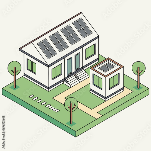 Modern isometric house with solar panels on the roof and a separate outbuilding in a green yard