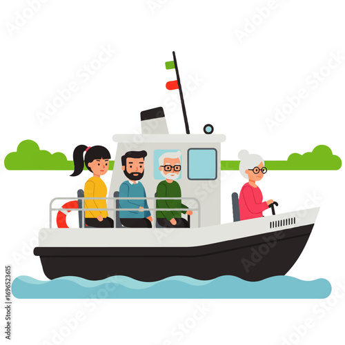 Cartoon illustration of a diverse group of people enjoying a boat ride on a sunny day, with green trees in the background.