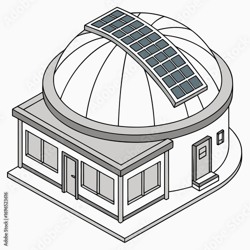 Modern observatory building with a dome roof and solar panels on a white background isometric view