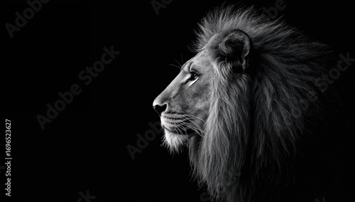 Close-up of a majestic lion in profile against a dark backdrop, embodying the regal spirit of the animal kingdom, gazing thoughtfully ahead. Black and white photograph with ample space for text.