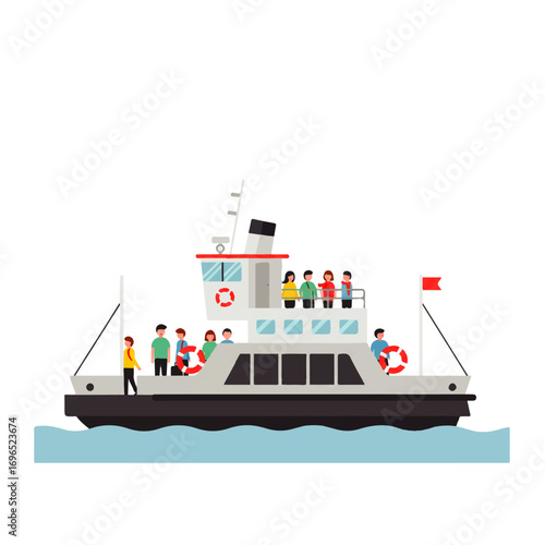 Ferry boat with passengers sailing on water, featuring a red flag, lifebuoys, and an antenna.