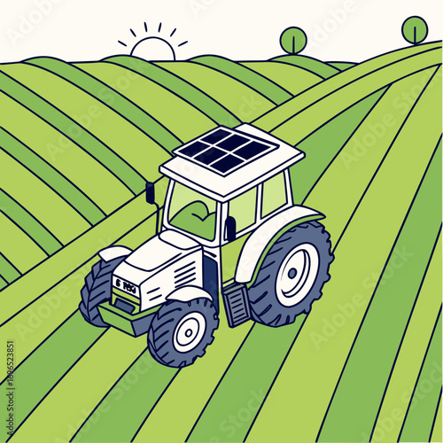 Modern solar powered tractor working on a green agricultural field during a sunny day with rolling hills