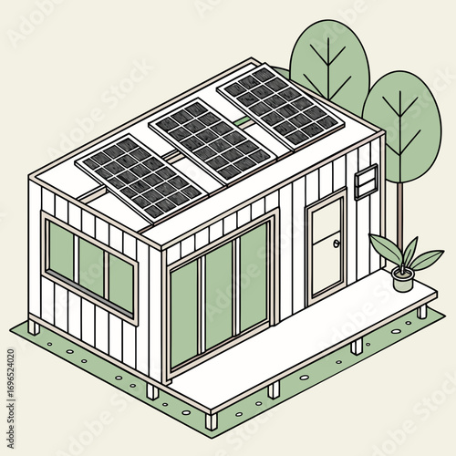 Modern tiny house with solar panels on the roof and a porch surrounded by trees and grass