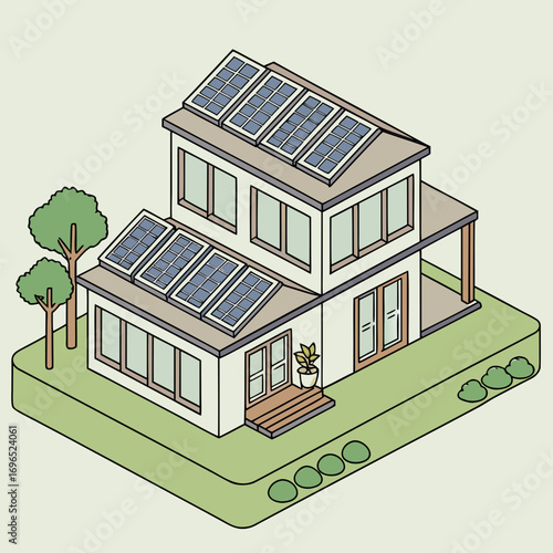 Modern two story house with solar panels on the roof and surrounding green lawn and trees