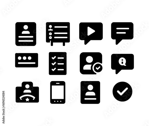 Business and communication solid icon set. essential tools for productivity