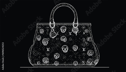 Fashionable Handbag with Skull and Monogram Pattern in Monochrome Style Graphic Design Illustration