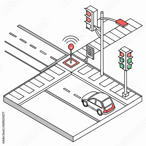 Smart intersection with connected traffic lights and a car approaching a crosswalk in an isometric view