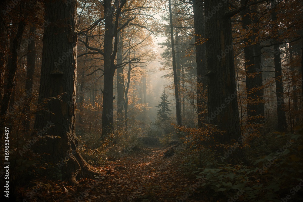 Fototapeta premium Deep within a thick, shadowy woodland. Scenic view of dense trees in nature. Wilderness filled with towering forest trees.