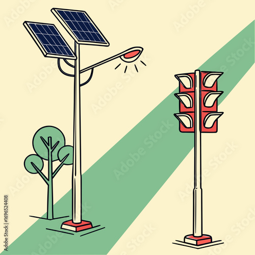 Solar powered street lamp and traffic signal with stylized trees against a pastel background