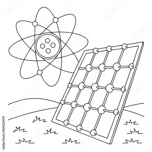 Stylized illustration of a solar panel and atomic structure representing renewable energy and scientific innovation