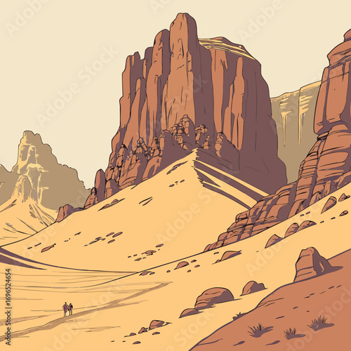 Two figures walk across a vast desert landscape towards towering sandstone mesas under a pale sky