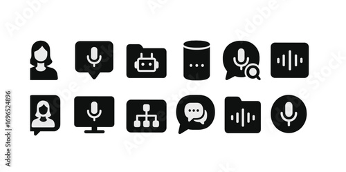 Speech recognition solid icon set. voice assistant, ai, chatbot graphics collection