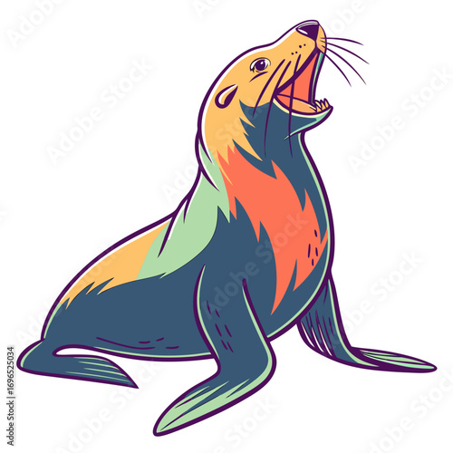 Colorful sea lion roaring
