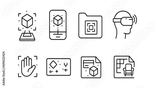 Virtual reality and augmented reality outline icon set for digital interfaces
