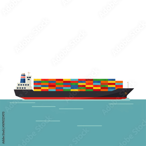 A cargo ship sails on the ocean, carrying colorful shipping containers stacked high on its deck.