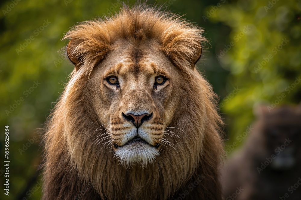 Obraz premium Portrait of a majestic lion in its naturalistic zoo environment.