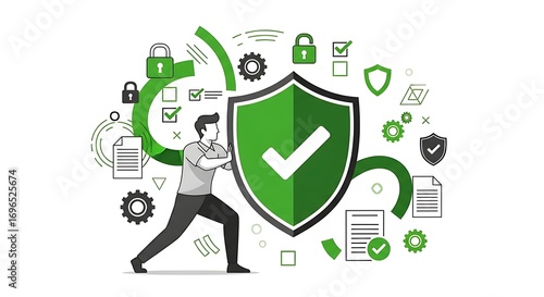 Man pushing shield with checkmark symbolizing data protection and cybersecurity success
