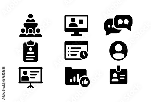 Business and office solid icon set. meeting, presentation, communication graphics
