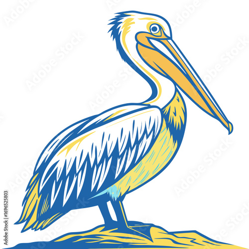 Stylized illustration of a pelican standing on a sandy surface