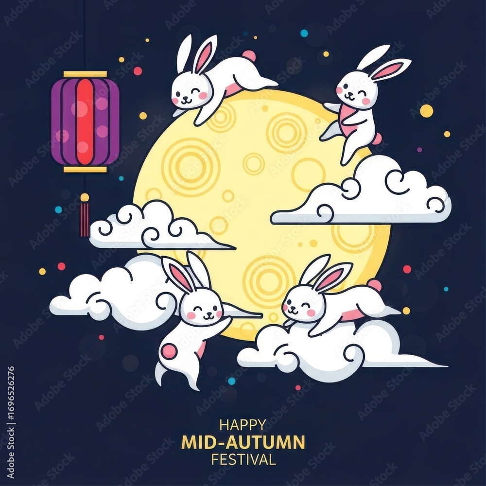 Obraz premium Illustration of rabbits celebrating mid autumn festival with moon and clouds