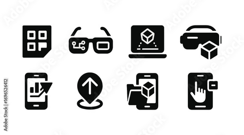 Technology, vr, ar, and 3d solid icon set. virtual reality, augmented icons collection