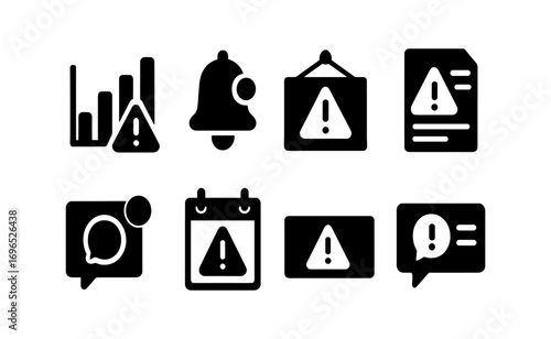 Alert and notification solid icon set. warning, caution, alarm icons in solid style