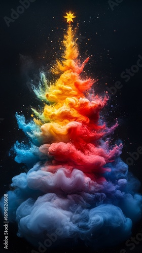 Vibrant Colorful Powder Forming a Christmas Tree Shape with a Star on Top