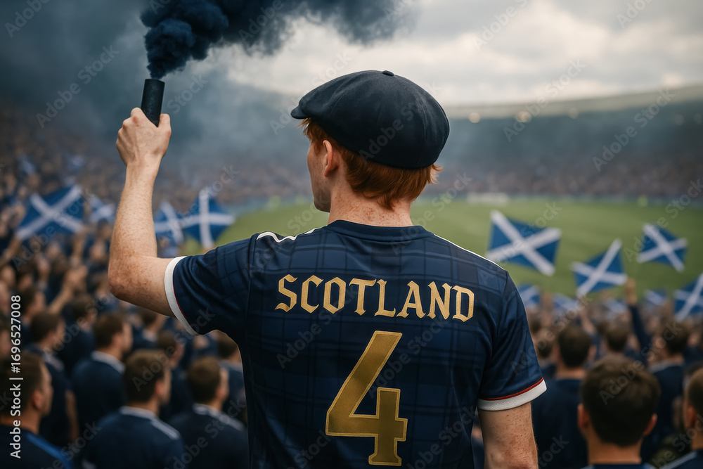Obraz premium Scottish soccer fan with blue smoke flare in stadium