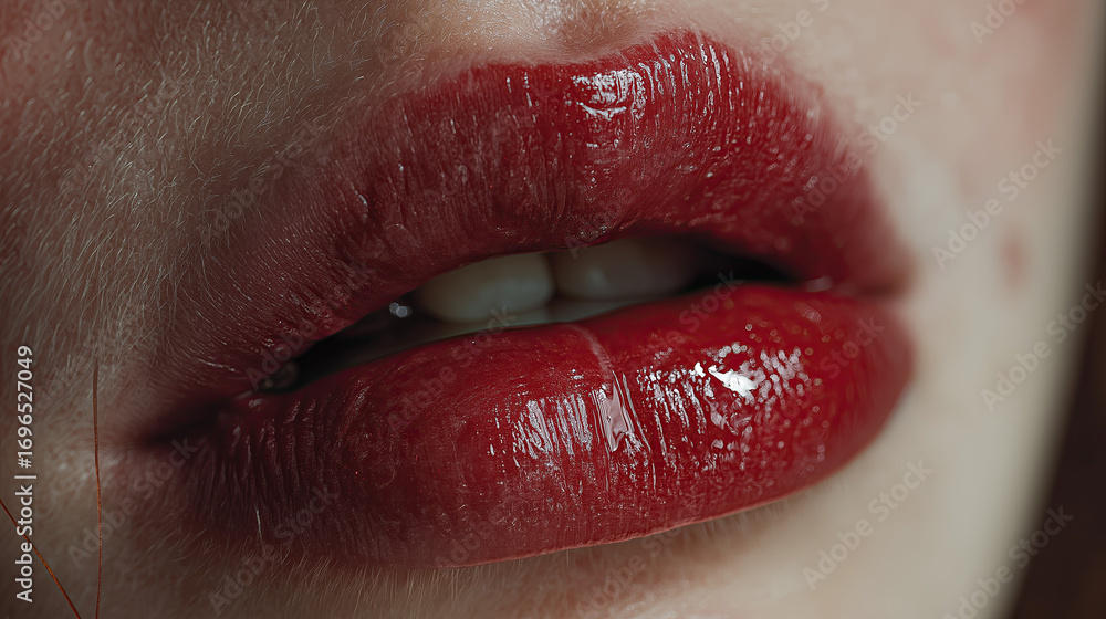 Fototapeta premium Minimalist close-up of lips painted red against pale skin.